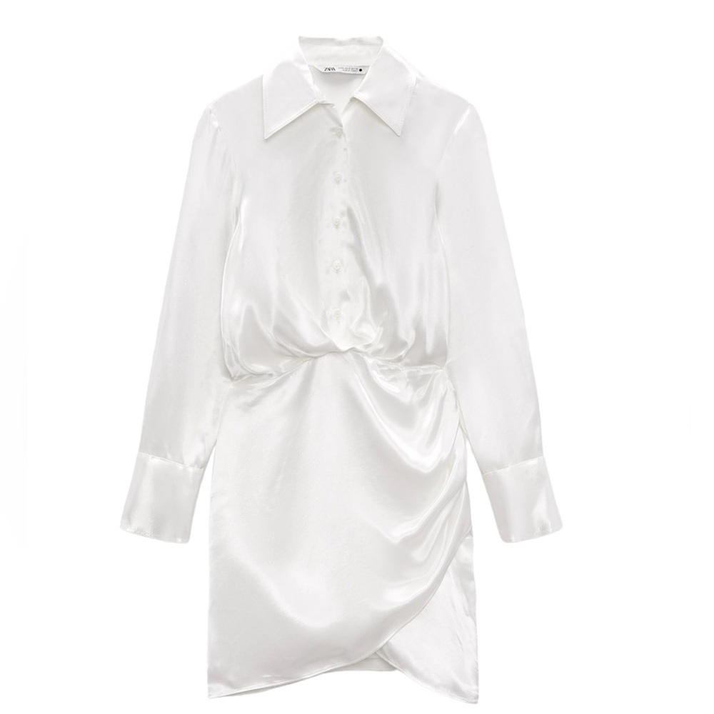 Zara White Asymmetrical Ruched Shirt Dress